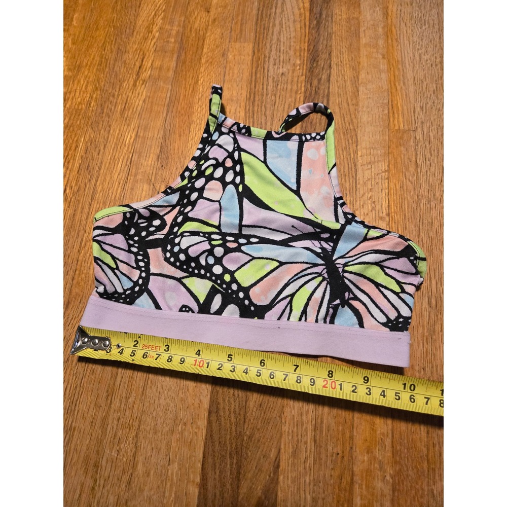 Justice Girls Small 7/8 Purple Green Pink Butterfly Print High Neck Sports Bra - Picture 7 of 8